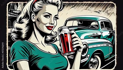 Portrait Von Sexy Pin Up Girl An Einem Oldtimer Im Bunten Pop Art Retro