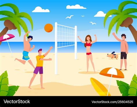 Happy cartoon people playing beach volleyball Vector Image