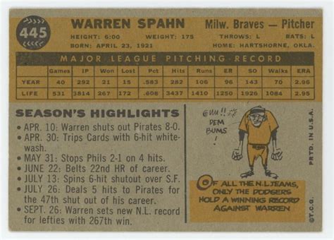 1960 Topps Warren Spahn Milwaukee Braves 445 EBay