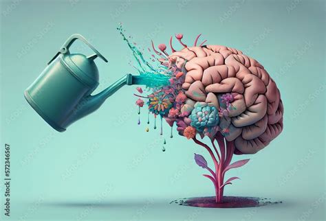 Human Brain Growing From A Flower Watering Can Is Pouring Water On The