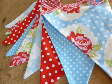 Roses And Spots In Red And Blue Fabric Bunting Banne In Red And Aqua