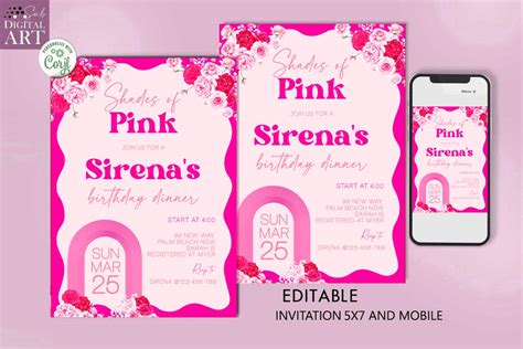 Editable Shades Of Pink Invitation Pink Birthday Dinner Invites Party