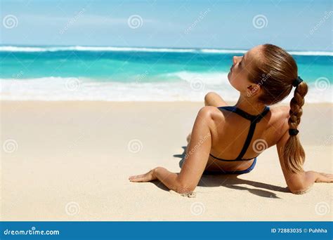 Woman Body In Summer Girl In Bikini Tanning On Beach Stock Image