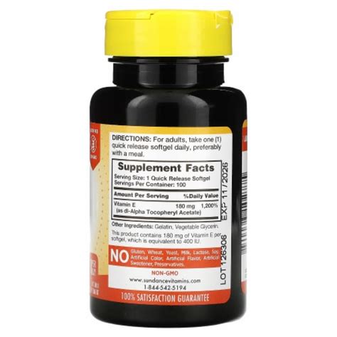 Sundance Vitamins High Potency E 180 Mg 400 Iu 100 Quick Release Softgels 100 Count Kroger