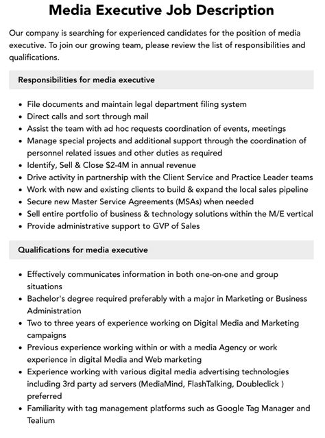 Media Executive Job Description Velvet Jobs