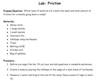 Lab: Friction by Bibicows' Science Class | TPT