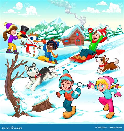 Funny Winter Scene With Children And Dogs Stock Vector Image 61940521