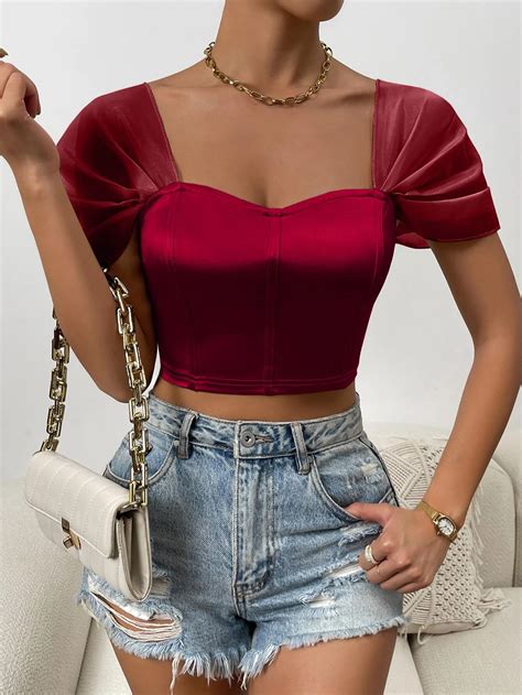 Shein Bae Sweetheart Neck Puff Sleeve Crop Satin Top Shein Uk