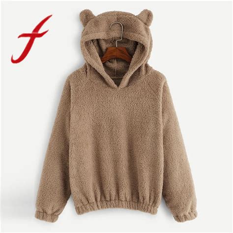 Feitong Womens Plush Hoodies Sweatshirt Long Sleeve Solid Lady Fleece Warm Bear Shape Fuzzy