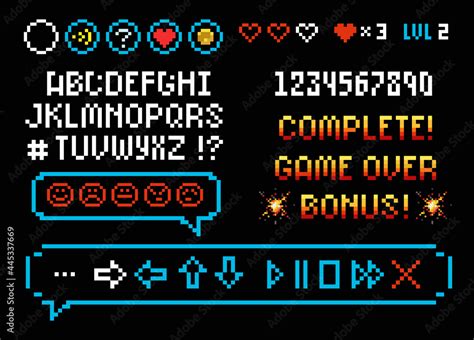 Pixel Art 8 bit Game Font and numbers with icons set speech bubble for space arcade design ...