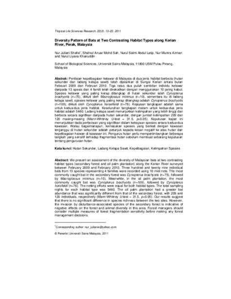 Pdf Diversity Pattern Of Bats At Two Contrasting Habitat Types Along