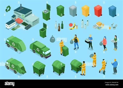 Isometric Recycling Set With Color Coded Waste Bins For Separating