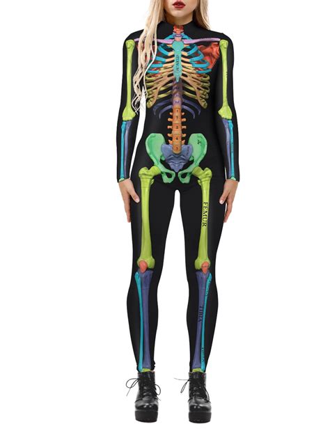 Komoo Women Halloween Skeleton Bodysuit Long Sleeve Bodycon 3d Skeleton Skinny Jumpsuit Bone