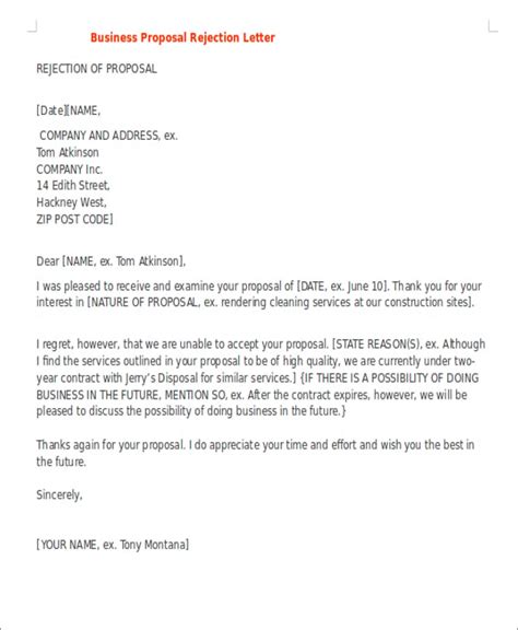 Sample Business Proposal Rejection Letter