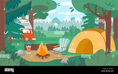 Camping Cartoon Forest Tourist Campground With Campfire Cooking Pot