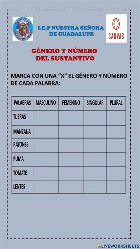 Genero Y Numero Del Sustantivo Worksheet For Tercer Grado Live Worksheets