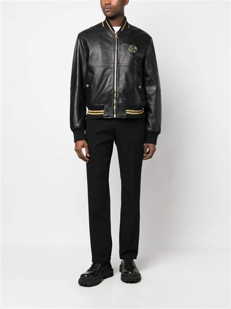 Versace Jeans Couture V Emblem Leather Jacket In Black Gold Modesens