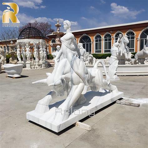 Outdoor White Marble Naked Lady Riding Bull Sculpture Marble Stone