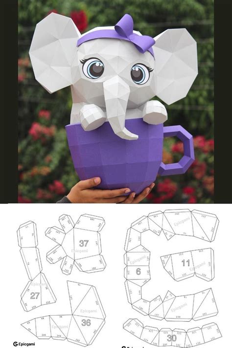 Buy Papercraft 3d Cute Elephant In Cup Svg And Pdf Low Poly Papercraft