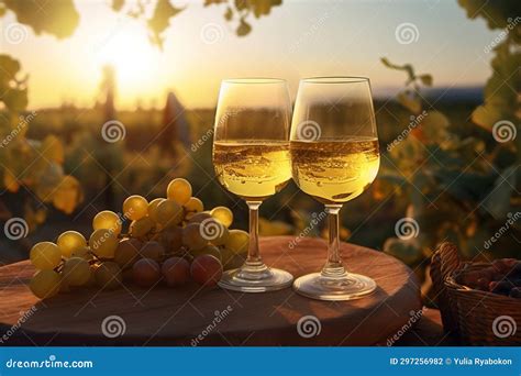 Two Glasses White Wine Sunset View Generate Ai Stock Photo Image Of