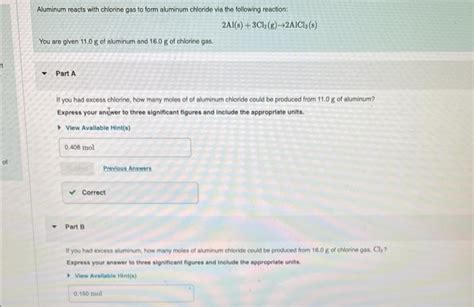 Solved Aluminum Reacts With Chlorine Gas To Form Aluminum Chegg