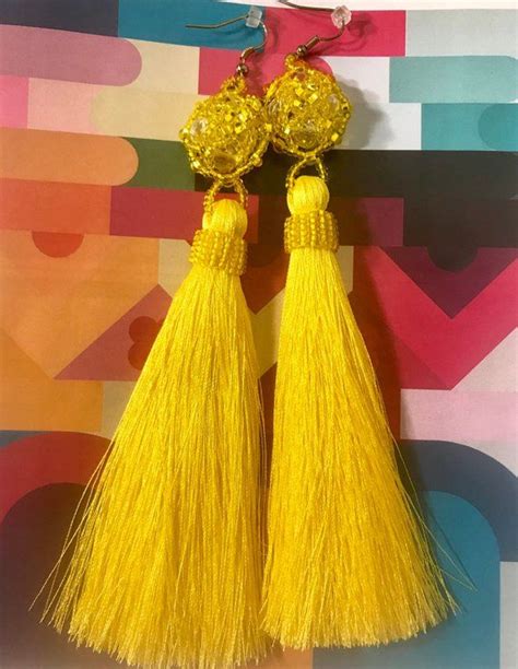 Yellow Tassel Earring Yellow Beaded Bead Silk Tassel Earring Long