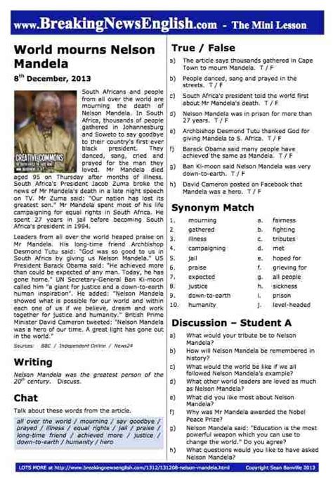 Breaking News English 2 Page Mini Lesson Nelson Mandela