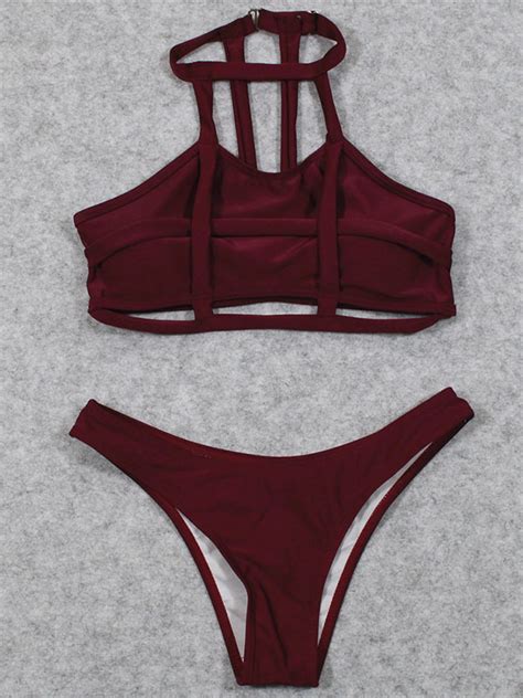 Women Sexy Plain Stretchy Bikini Set Swimwear Wine Red