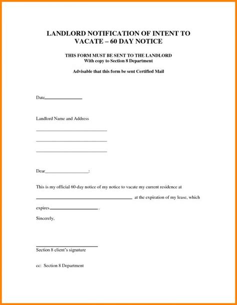 Sample Letter From Landlord To Tenant Notice To Vacate Word