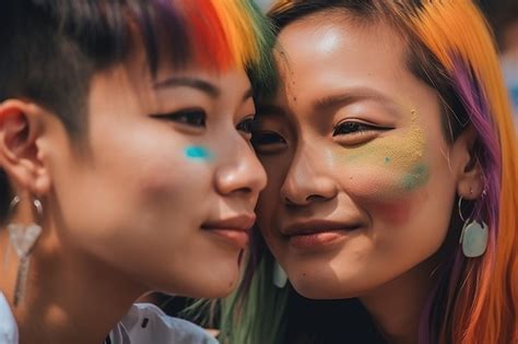 Dos mujeres con cabello de arcoíris están sentadas juntas y una de