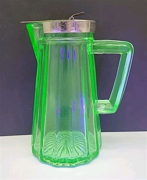 Uranium Glass Green Depression Syrup Bottle Pitcher Dispenser Antique 1900s Ebay