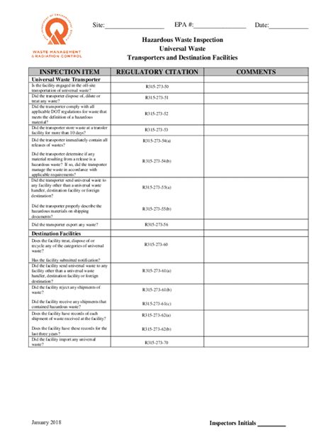 Fillable Online Site Epa Date Hazardous Waste Inspection Universal