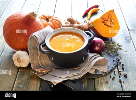 Spicy Pumpkin Creme Soup Seasoned With With Ginger Onion Garlic And