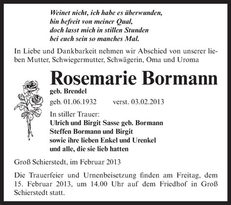 Traueranzeigen Von Rosemarie Bormann Abschied Nehmen De