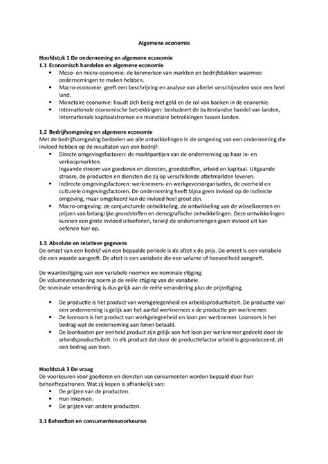 Samenvatting Algemene Economie En Bedrijfsomgeving College