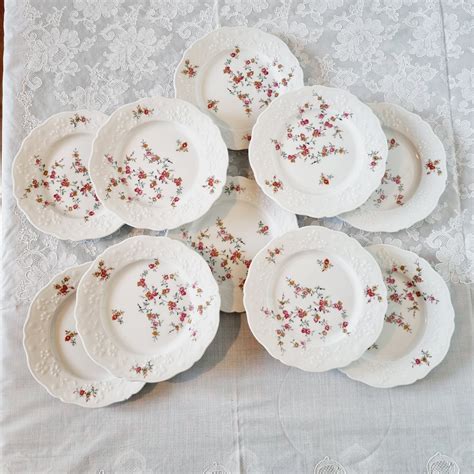 9 Limoges Porcelain Dessert Plates With Pink Flowers And Barbotine Etsy