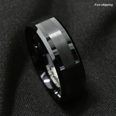 8mm Brushed Black Tungsten Carbide Band Ring Blue Line Bridal Atop Mens Jewelryatop Ring