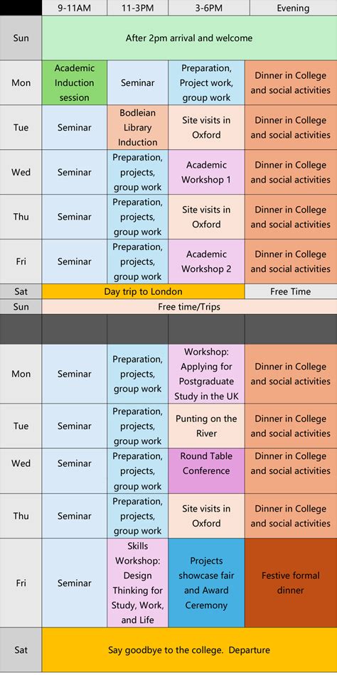 Sample Course Timetable | Oxford Summer Academy Programme