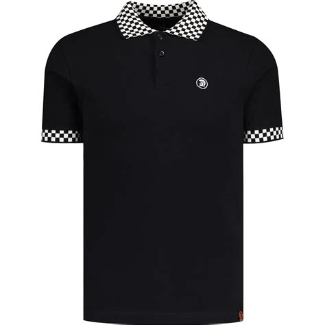 Trojan Retro 2 Tone Chequerboard Trim Pique Polo Shirt In Black