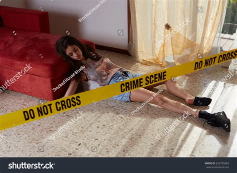 Crime Scene Imitation Lifeless Woman Lying Stock Photo 625730483