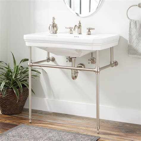 Kacyporcelainconsolesinkwithbrassstand Console Sink Sink