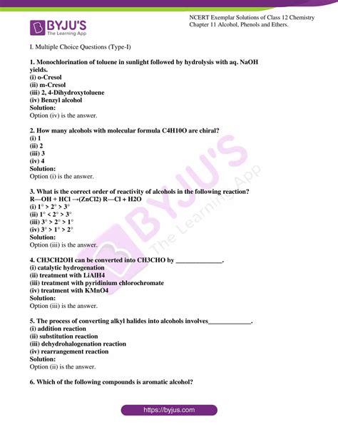 Ncert Exemplar Class Chemistry Solutions Chapter Alcohols