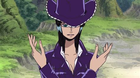 An Anime Character With Long Black Hair Wearing A Purple Outfit And Hat