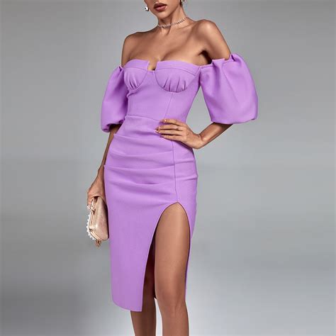 Off Shoulder Slit Midi Bandage Dress Pf22072 Wolddress