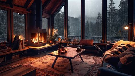 Sweet Jazz Coffee With Cozy Fireplace Ambience Rain Sound On Window