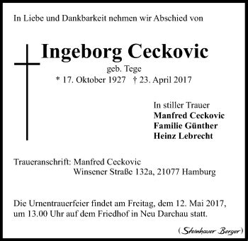 Traueranzeigen von Ingeborg Ceckovic Trauer Lüneburg de