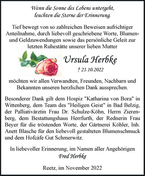 Traueranzeigen von Ursula Herbke Märkische Onlinezeitung Trauerportal