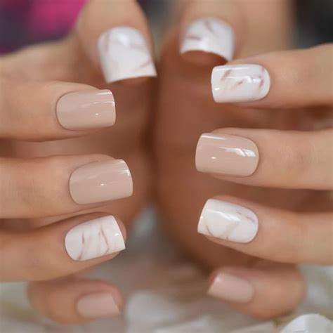 24 Nude Cream Marble Short Press On Nails Kit Glue On White Khaki