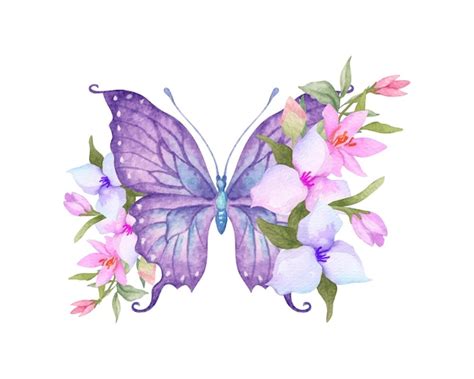 Mariposa ornamental acuarela con decoración floral Vector Premium