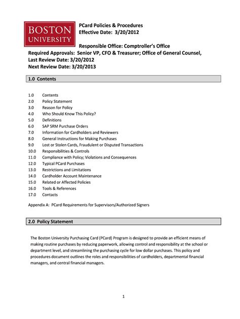 Fillable Online Bu PCard Policies Procedures Effective Date 3 20